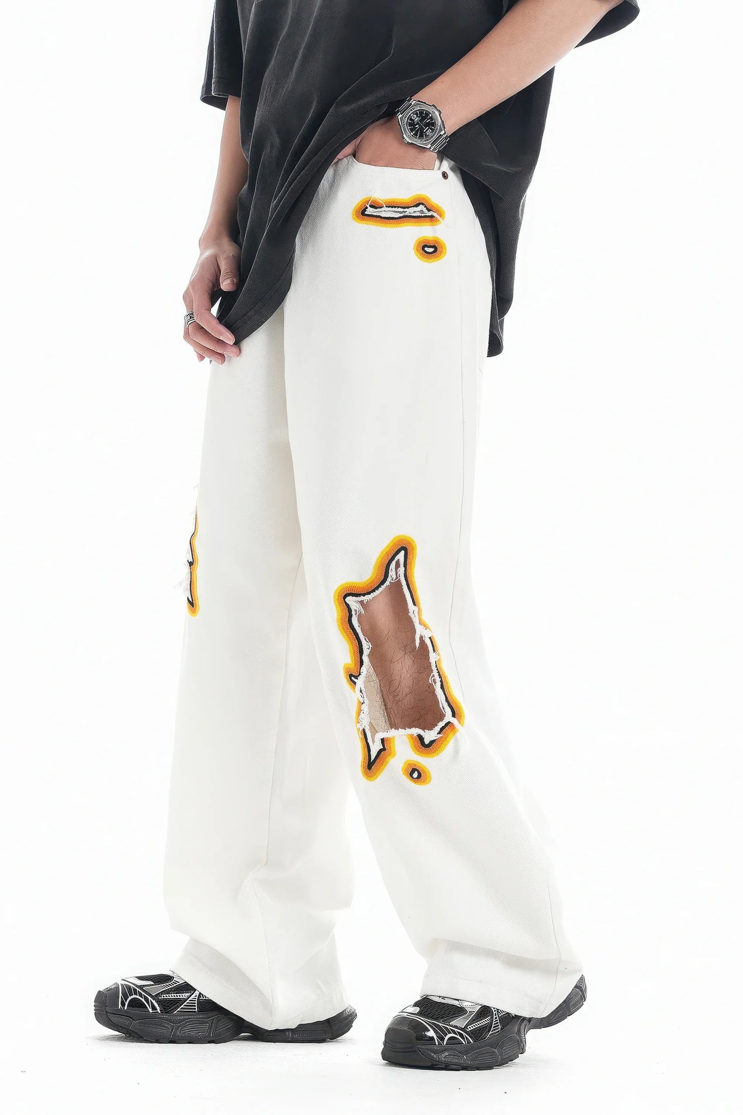 Flame Burnout Distressed Denim Jeans – Bold, Street Style Design