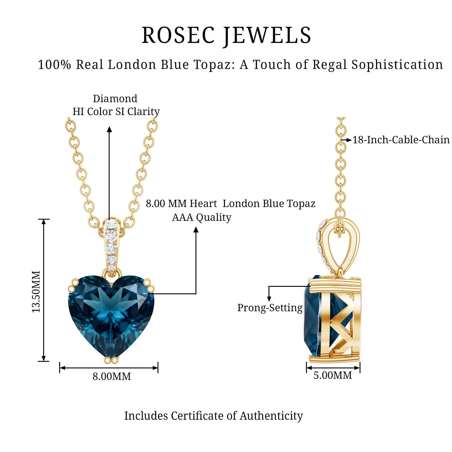 2 Carat Certified London Blue Topaz Heart Necklace with Diamond