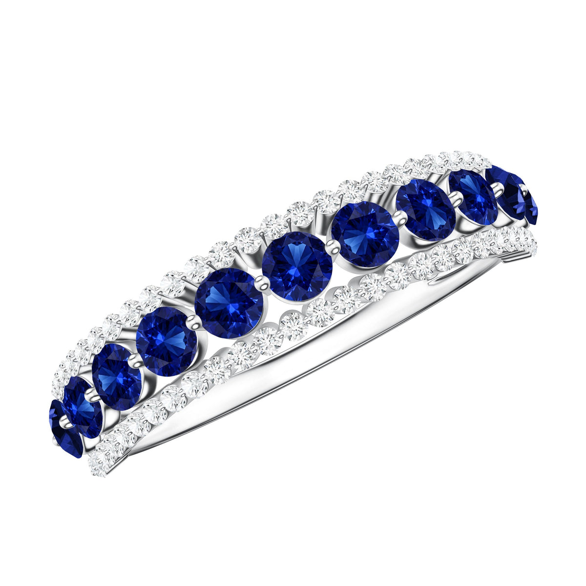 Certified Lab Grown Blue Sapphire Half Eternity Band Ring with Diamond
