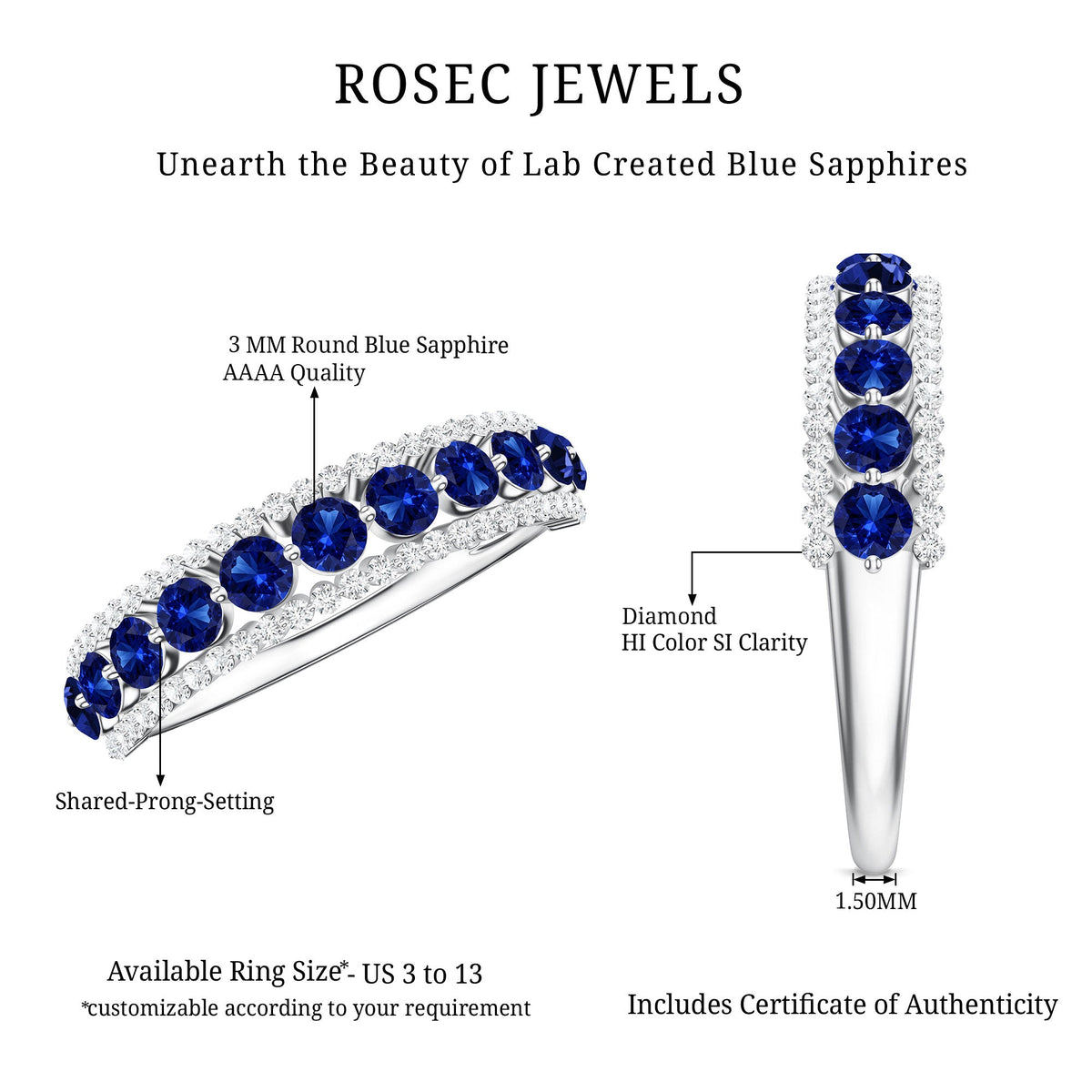 Certified Lab Grown Blue Sapphire Half Eternity Band Ring with Diamond