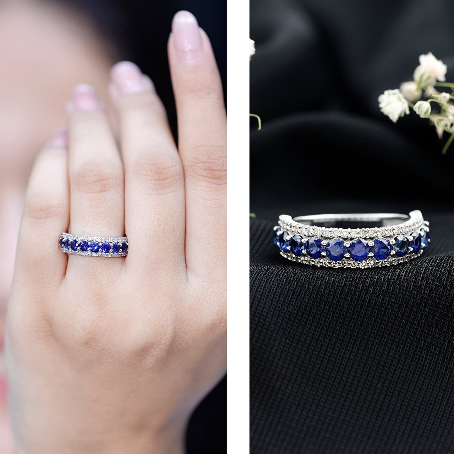 Certified Lab Grown Blue Sapphire Half Eternity Band Ring with Diamond
