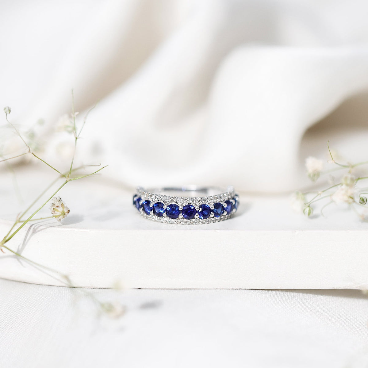 Certified Lab Grown Blue Sapphire Half Eternity Band Ring with Diamond