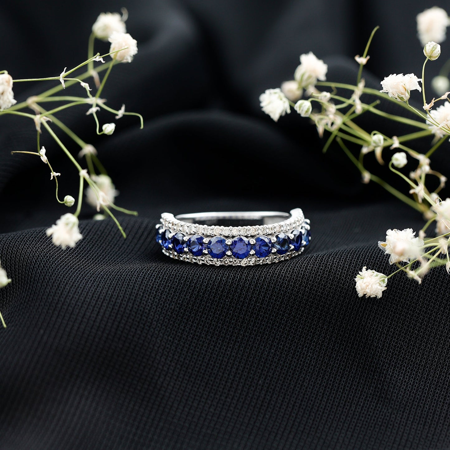 Certified Lab Grown Blue Sapphire Half Eternity Band Ring with Diamond