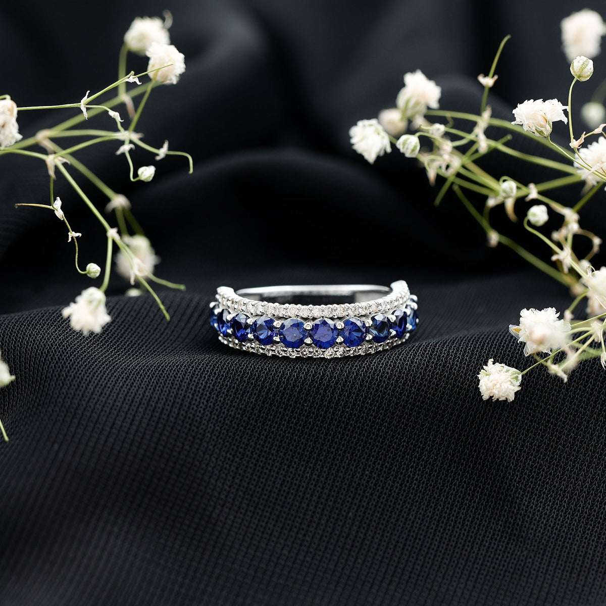 Certified Lab Grown Blue Sapphire Half Eternity Band Ring with Diamond