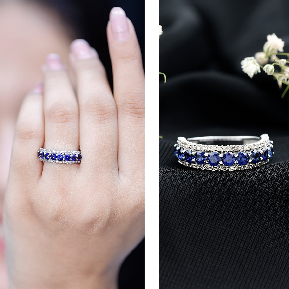 Certified Lab Grown Blue Sapphire Half Eternity Band Ring with Diamond