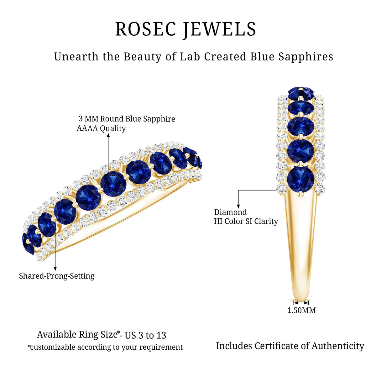 Certified Lab Grown Blue Sapphire Half Eternity Band Ring with Diamond