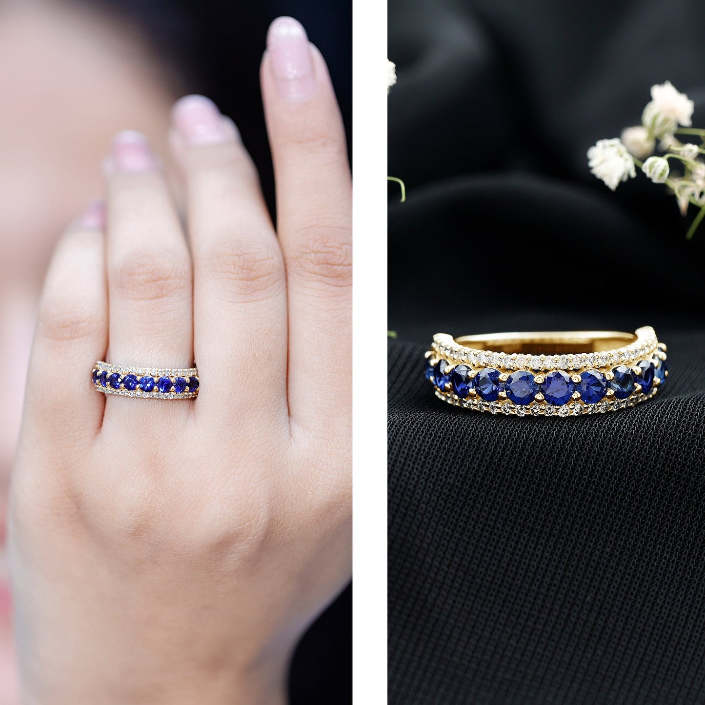 Certified Lab Grown Blue Sapphire Half Eternity Band Ring with Diamond