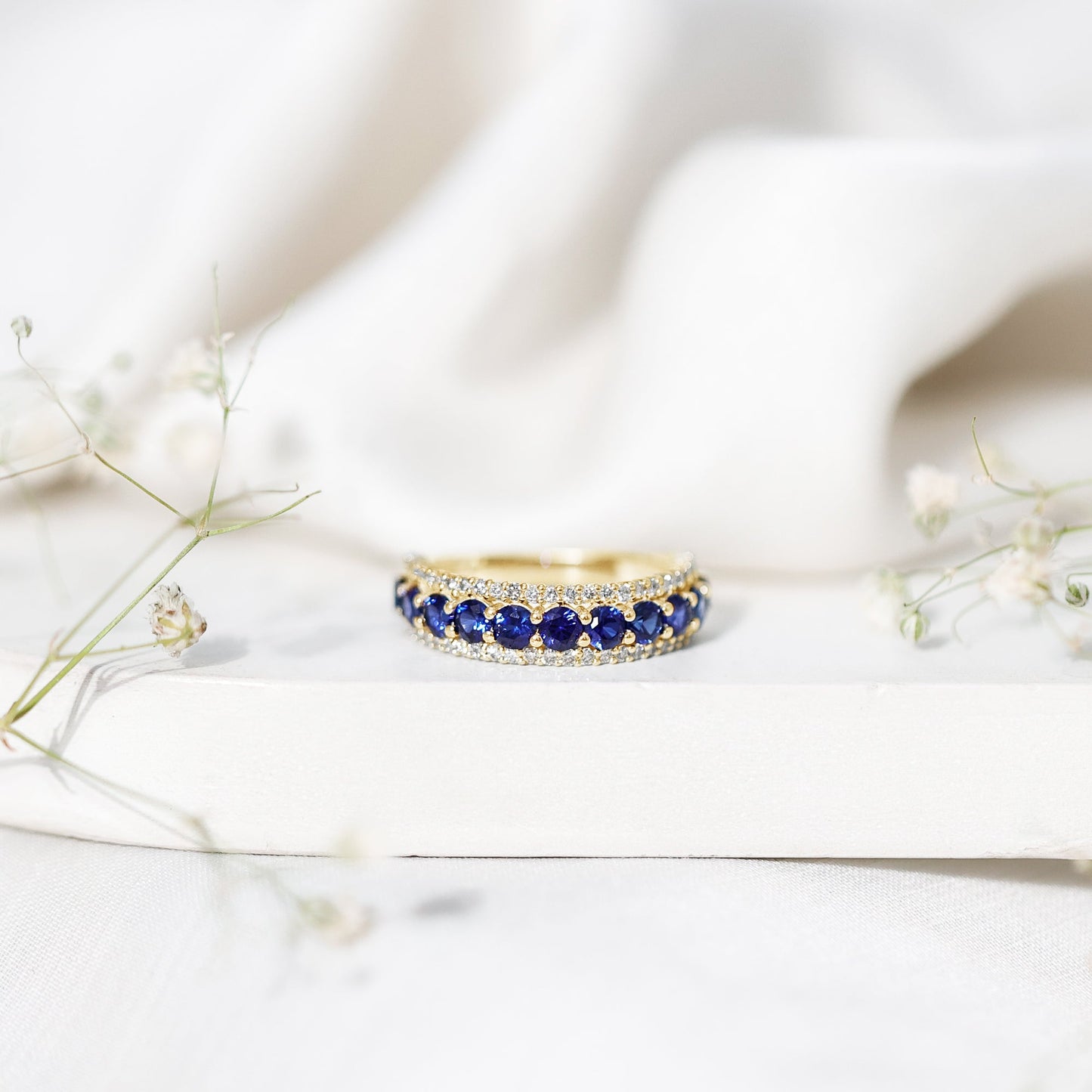 Certified Lab Grown Blue Sapphire Half Eternity Band Ring with Diamond