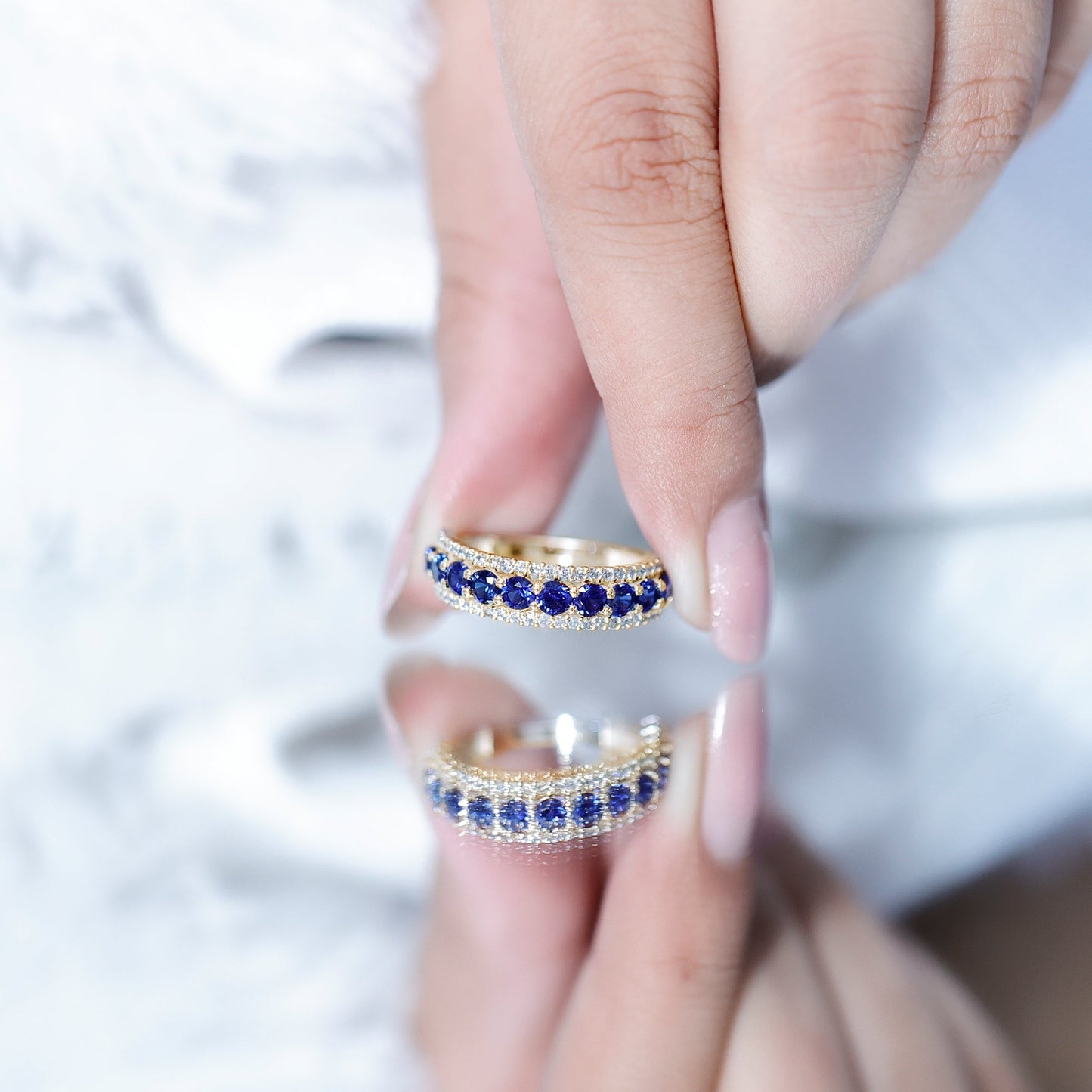 Certified Lab Grown Blue Sapphire Half Eternity Band Ring with Diamond