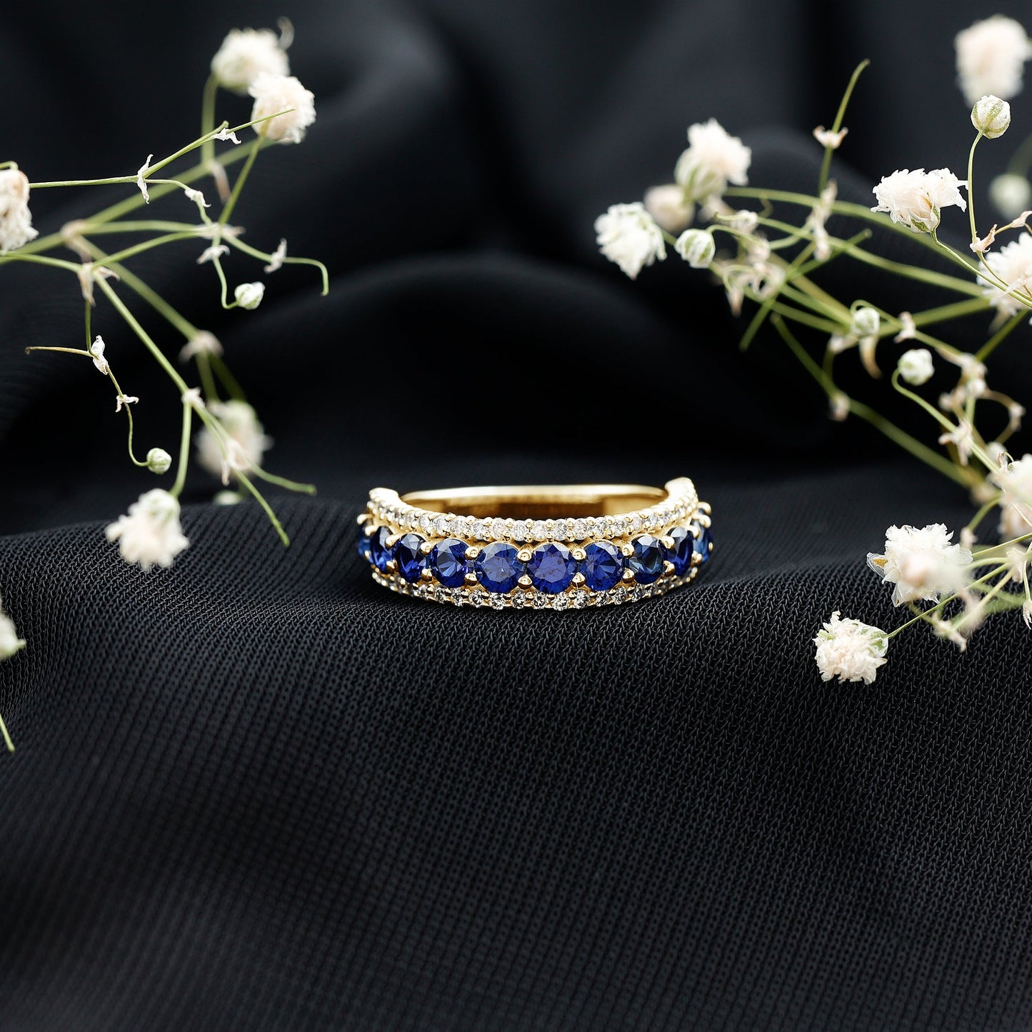 Certified Lab Grown Blue Sapphire Half Eternity Band Ring with Diamond