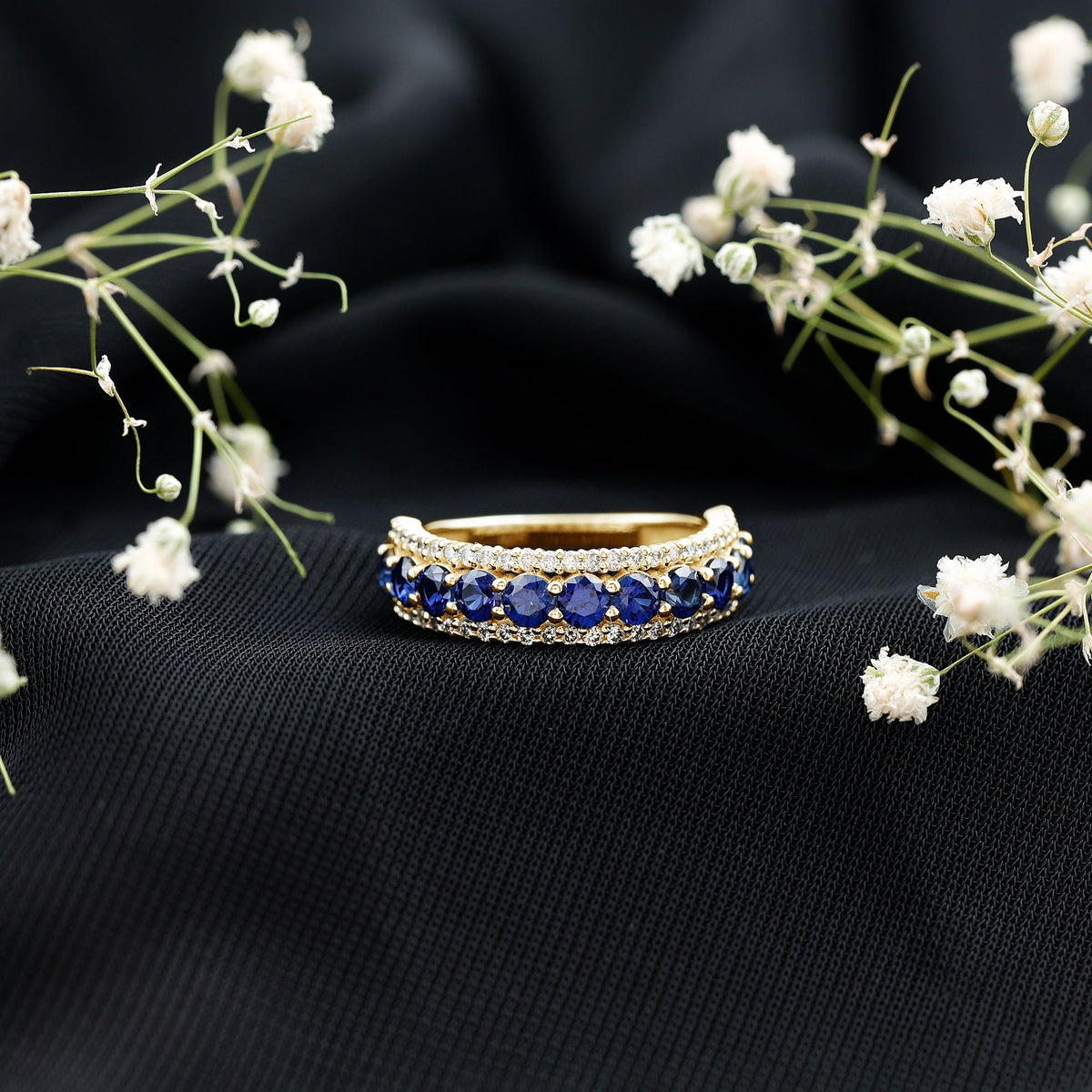 Certified Lab Grown Blue Sapphire Half Eternity Band Ring with Diamond