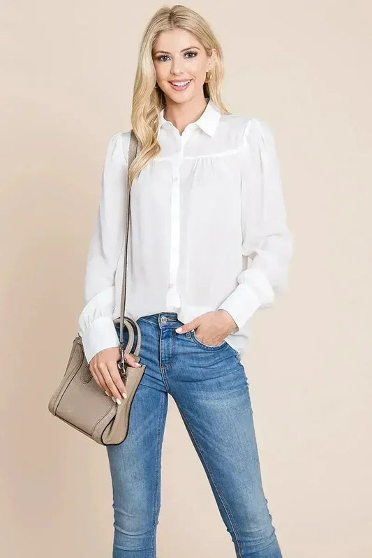 Collared Long Sleeve Pleated Detail Blouse Tops | Femstylo
