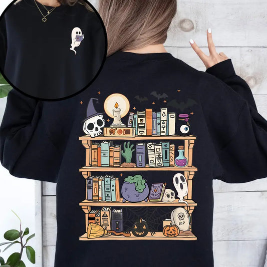 "Reading Ghost" Halloween Sweatshirt - Front & Back Teacher Boo Tee