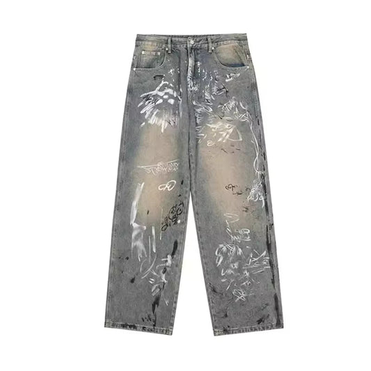 Grey Graffiti Baggy Jeans