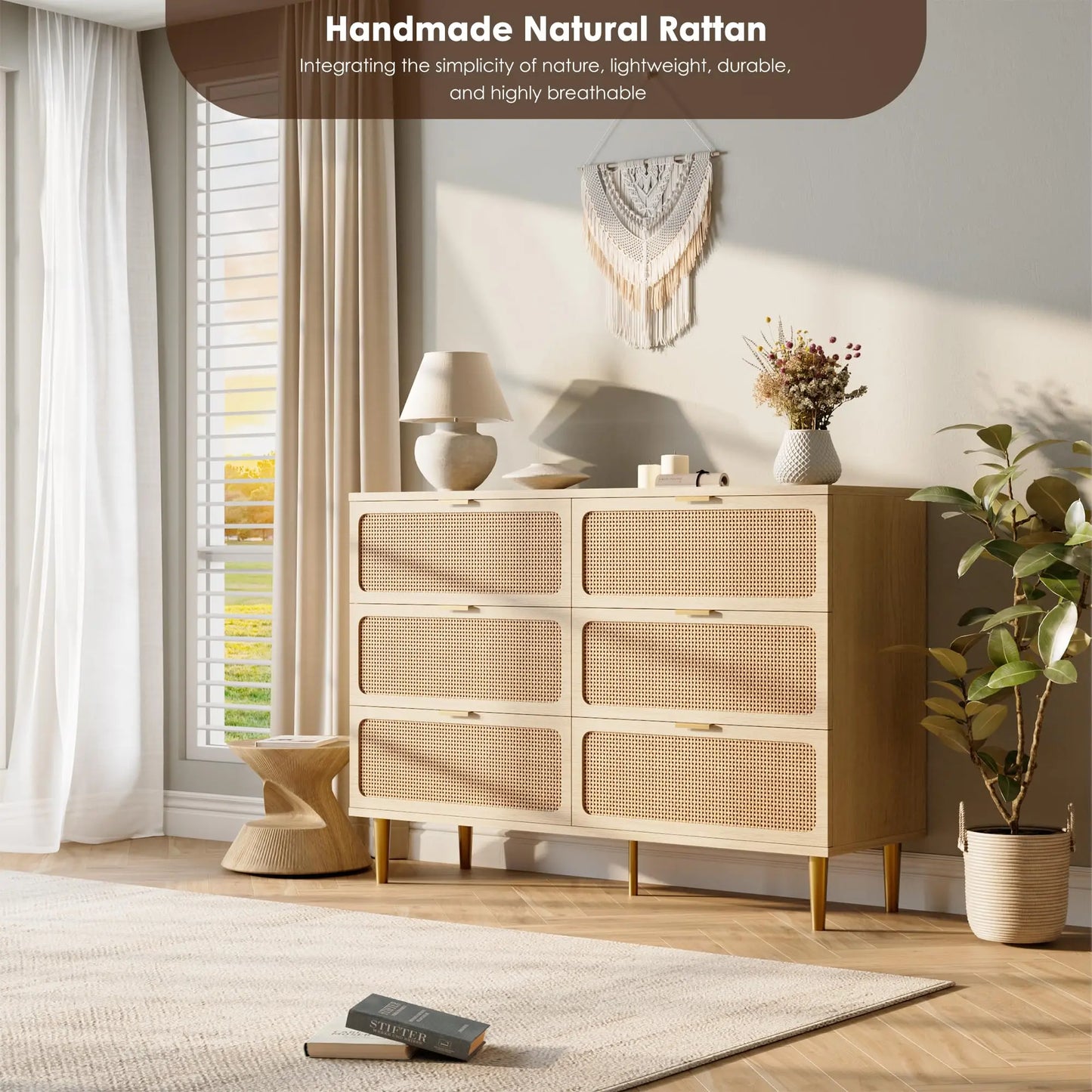 6-Drawer Rattan Dresser, Natural Hand-Woven Rattan & Wood Large Storage Dresser With Deep Drawers For Bedroom Living Room