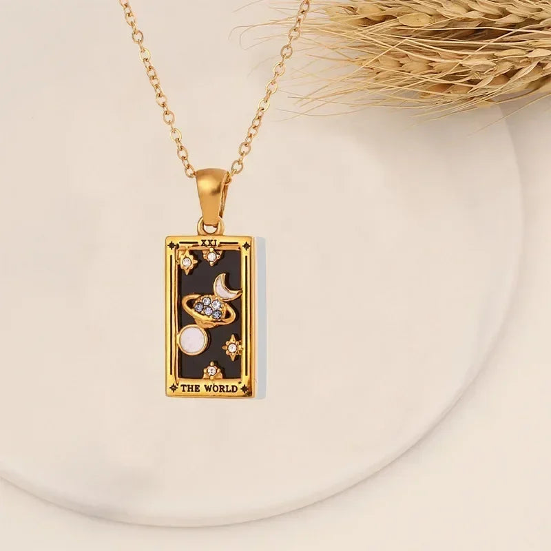 YILUOCD Original Zirconia Tarot Card Necklace Classic Tarot Queen Lover Magician Moon Wealth Amulet Stainless Steel Jewelry