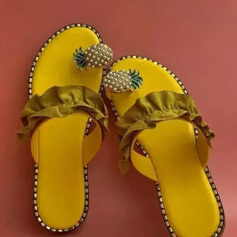 Pineapple Pearl Womens Slippers Flat Toe Casual Beach Slides