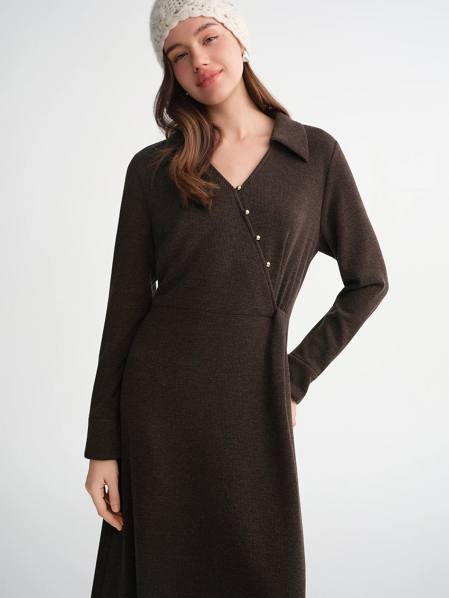 Women’s V-Neck Slant Placket Knitted Dress Retro Winter Style