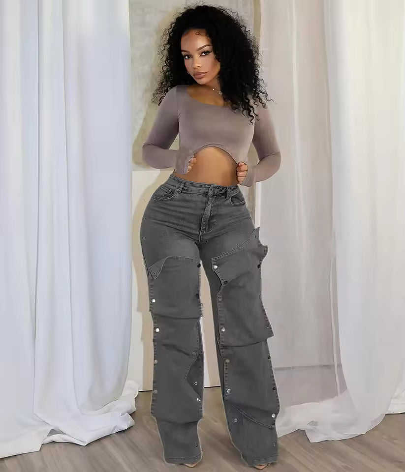 Studded Panel Wide Leg Jeans