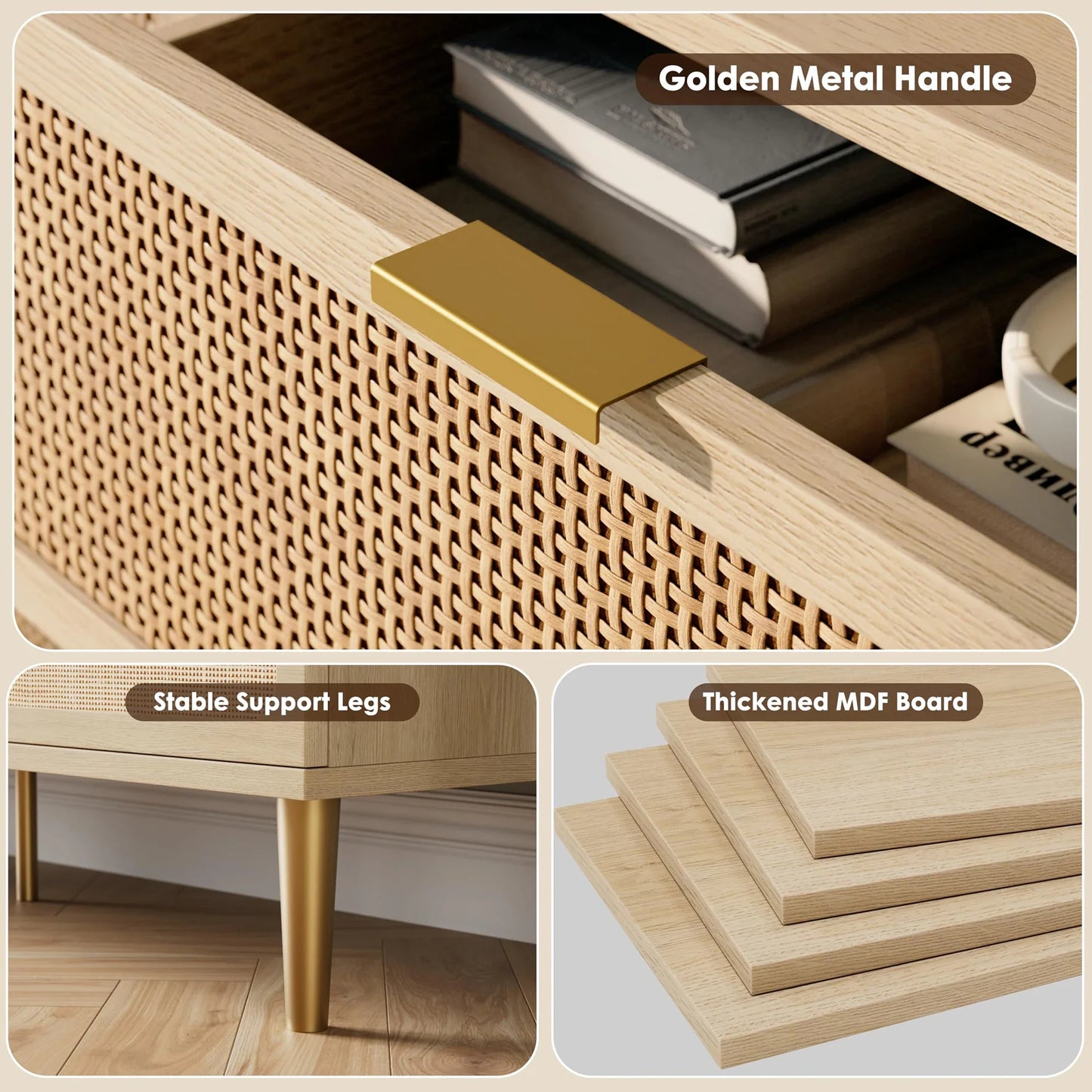 6-Drawer Rattan Dresser, Natural Hand-Woven Rattan & Wood Large Storage Dresser With Deep Drawers For Bedroom Living Room