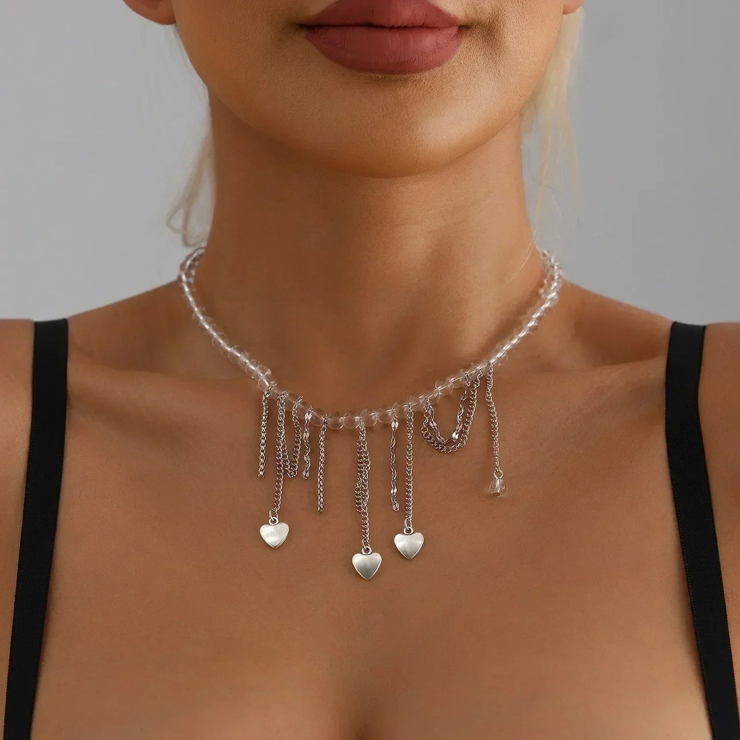 Fashion Heart Beaded Necklace for Women Boho Elegant Irregular Crystal Chain Y2K Choker Exquisite Party Gift Jewelry Accessories