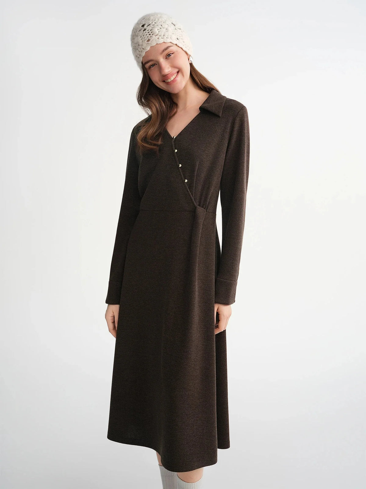 Women’s V-Neck Slant Placket Knitted Dress Retro Winter Style