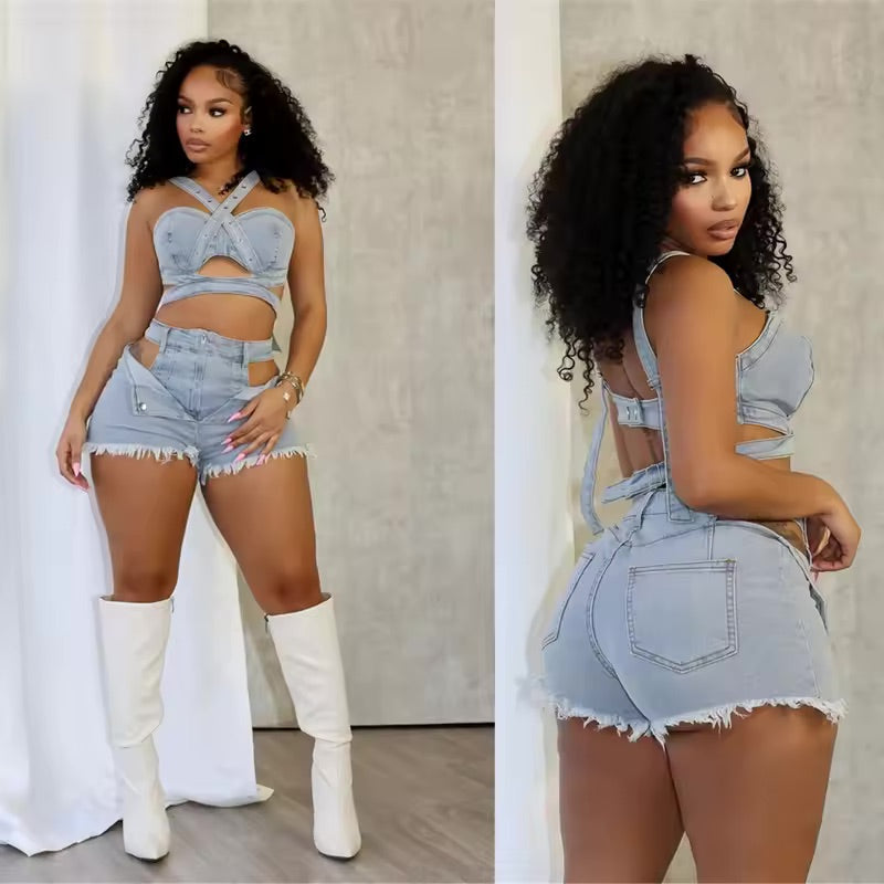 Crossover Cutout Denim Set
