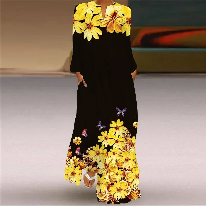 Women's Maxi Dress Printed Retro Fashion y2k vestidos Long Sleeve Loose Robe S-5XL
