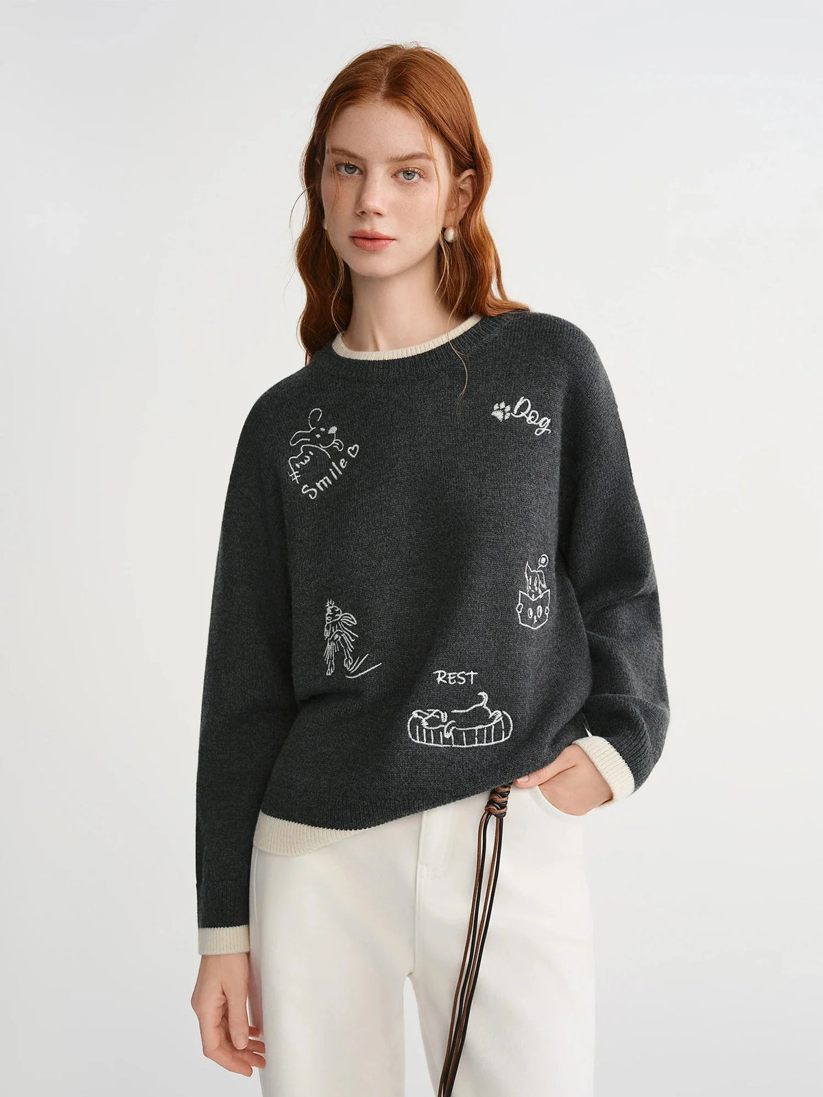 Plus Size Embroidered Round Neck Sweater Cute Winter Knit