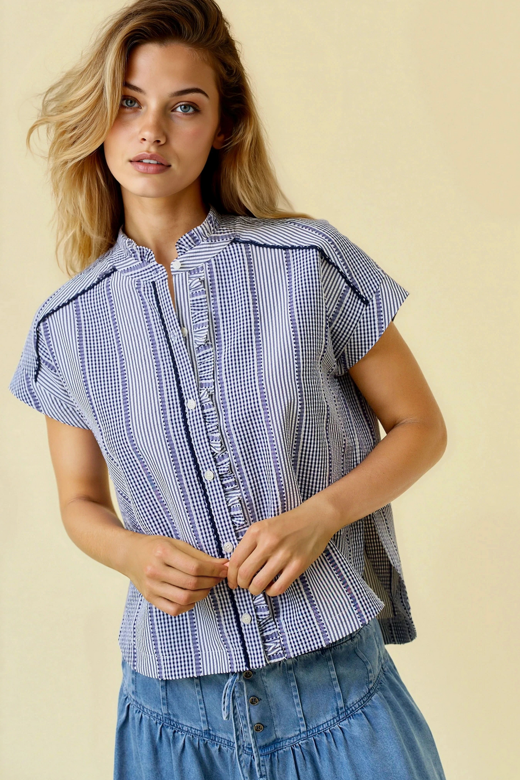 Stripe & Gingham Button Down Detail Top