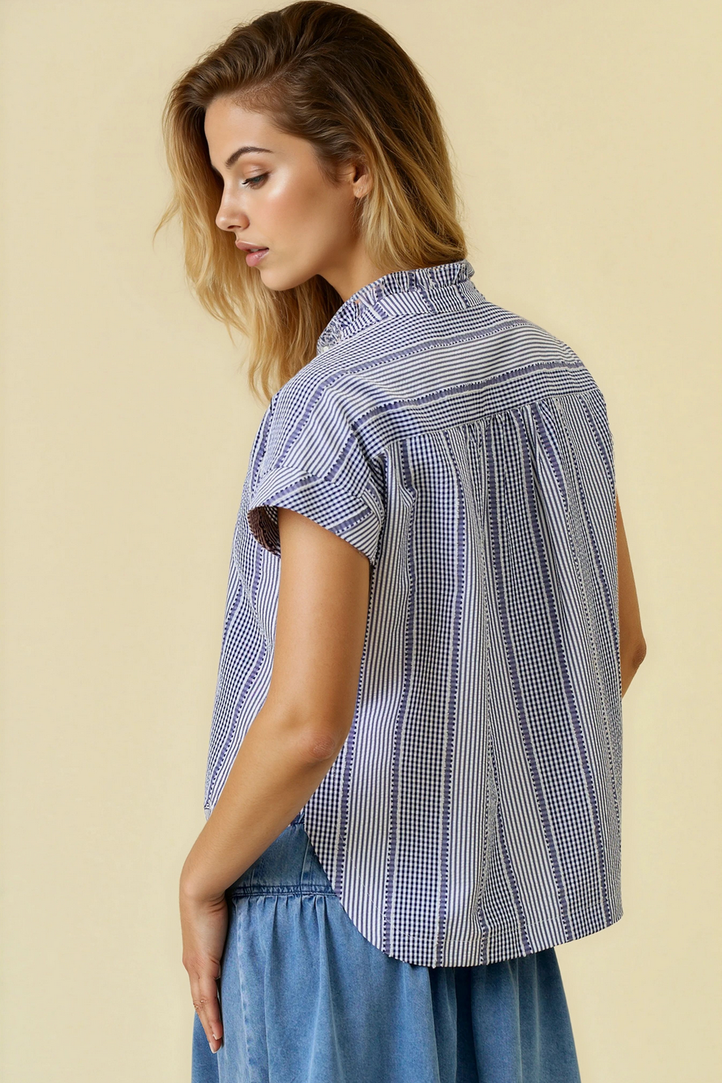 Stripe & Gingham Button Down Detail Top