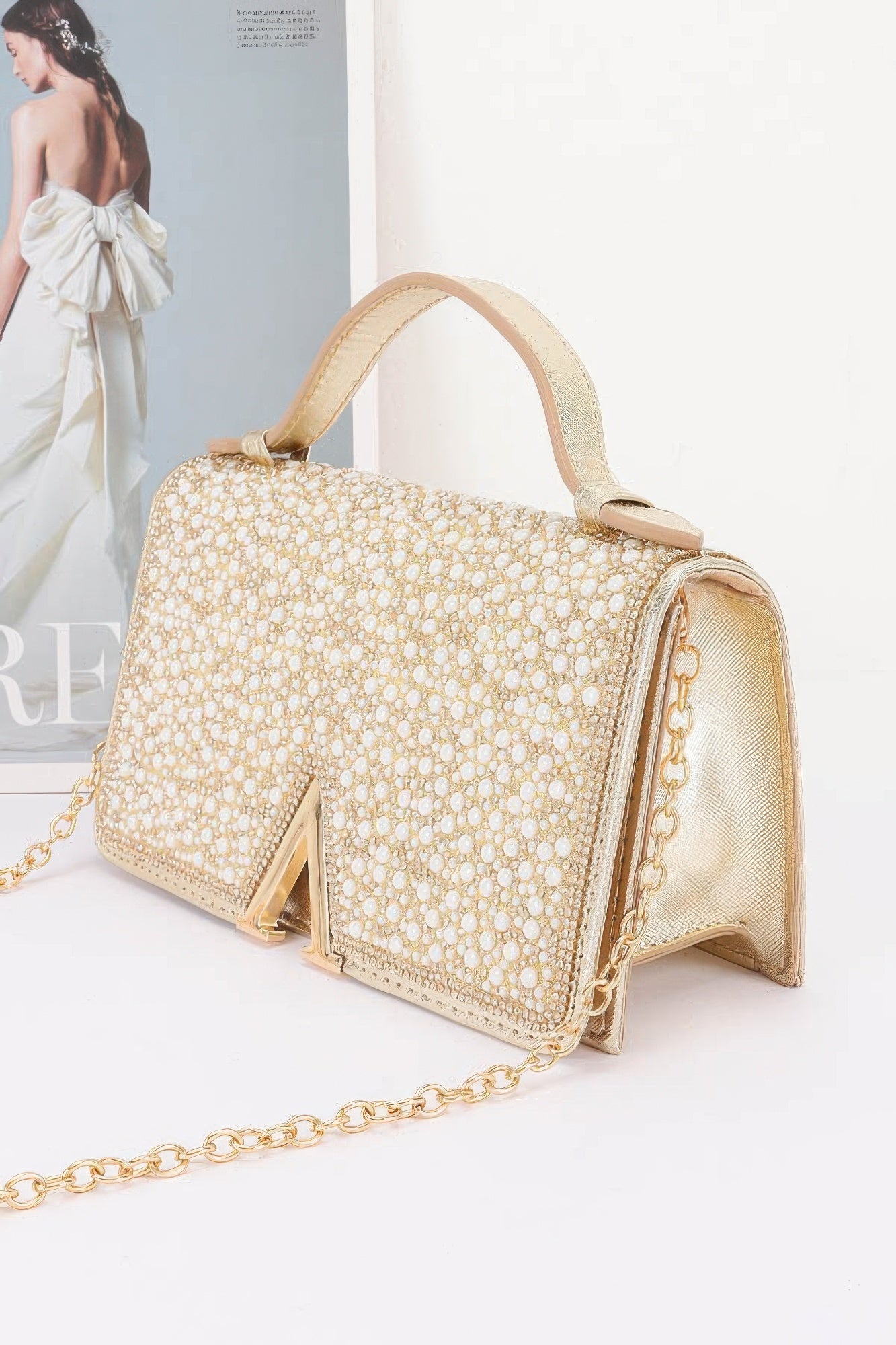 Rhinestone And Pearl Flap Clutch