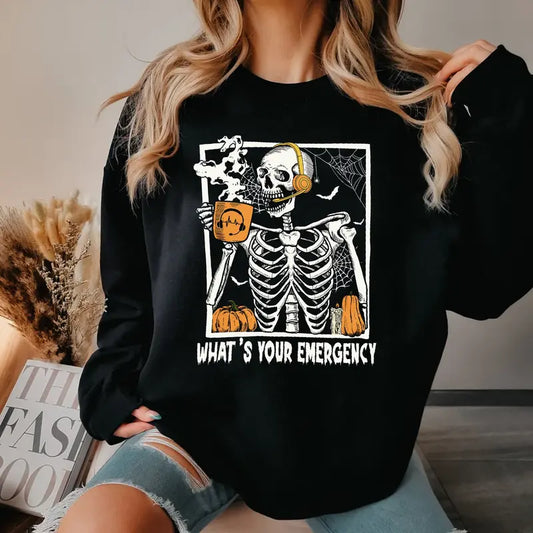"What's Your Emergency" 911 Dispatcher Sweatshirt - Skeleton Halloween Crewneck