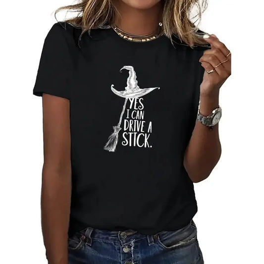 "Yes I Can Drive a Stick" Witch T-Shirt - Funny Halloween Graphic Tee