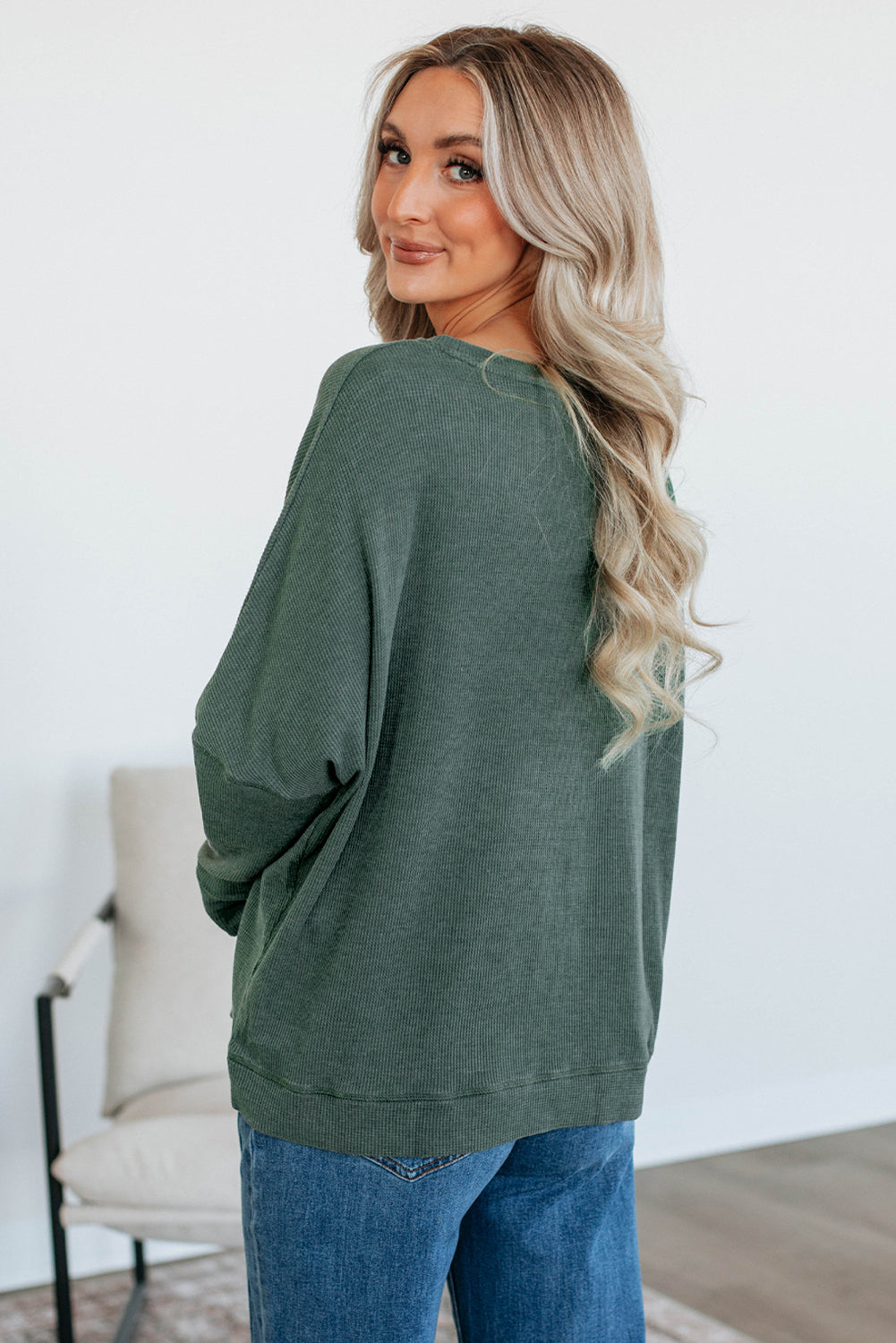 Dark Grey Waffle Knit Patchwork Long Sleeve Loose Top