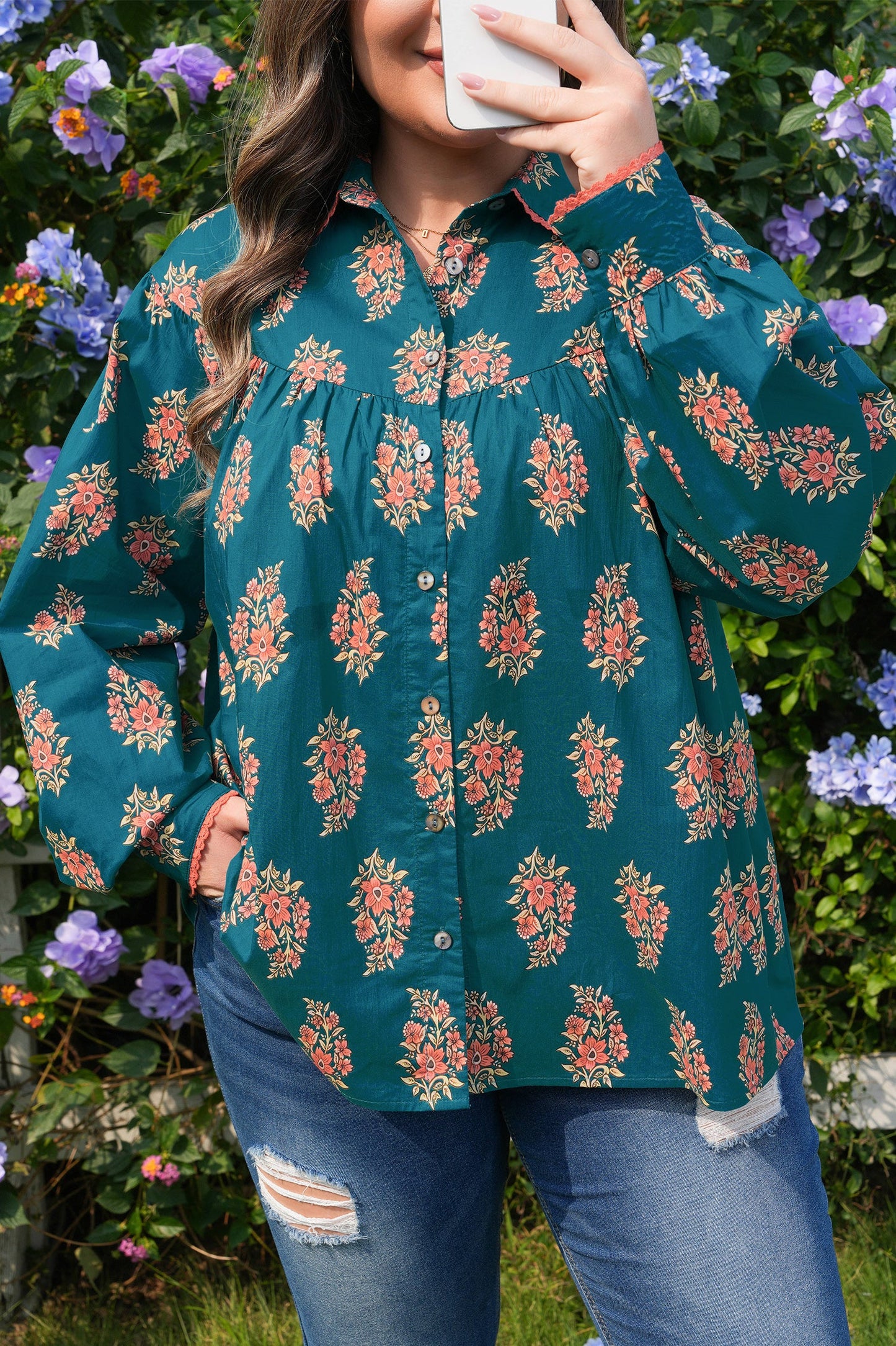 Green Plus Size Floral Print Contrast Lacy Trim Pleated Loose Shirt