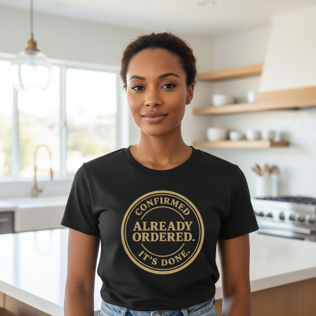 Already Ordered Tee — 'Confirmed. It's Done.' Vintage Stamp Graphic T-Shirt