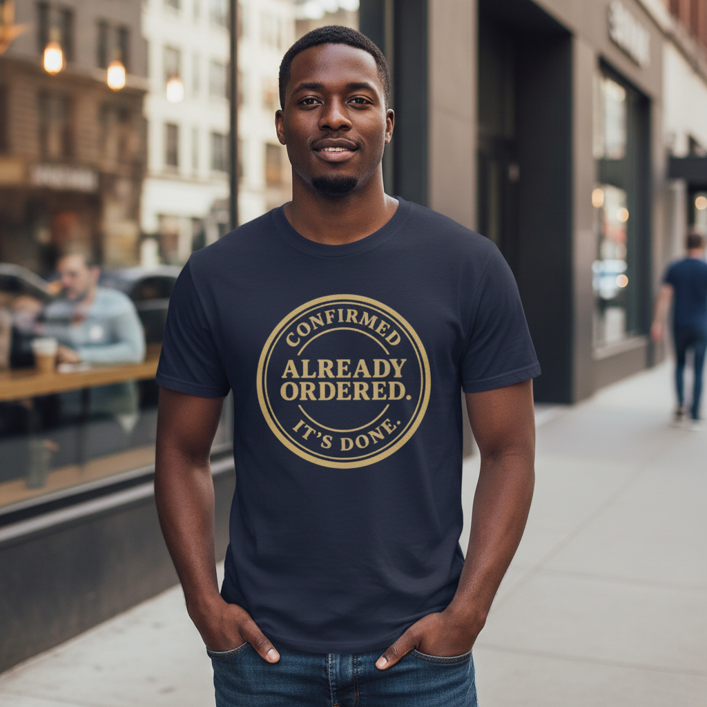 Already Ordered Tee — 'Confirmed. It's Done.' Vintage Stamp Graphic T-Shirt