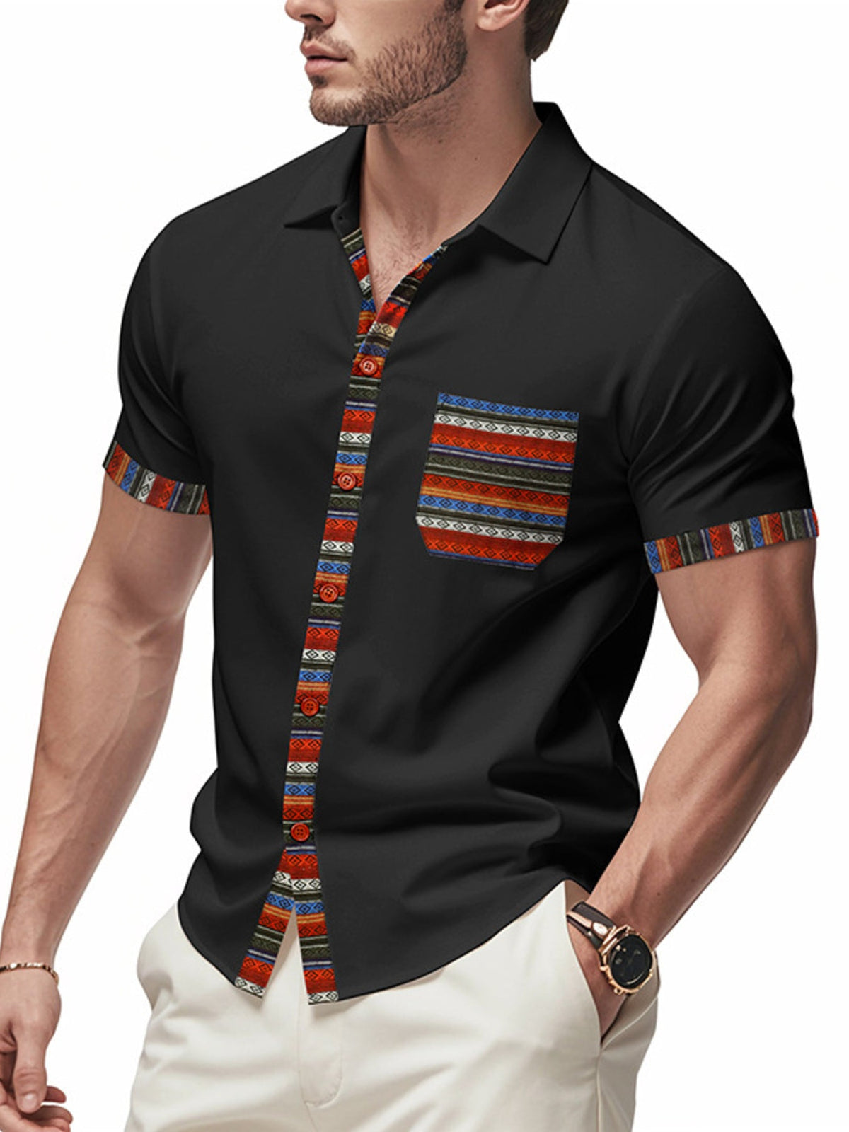 Men's Full Size Short Sleeve Shirt with Colorful Trim Plus Size