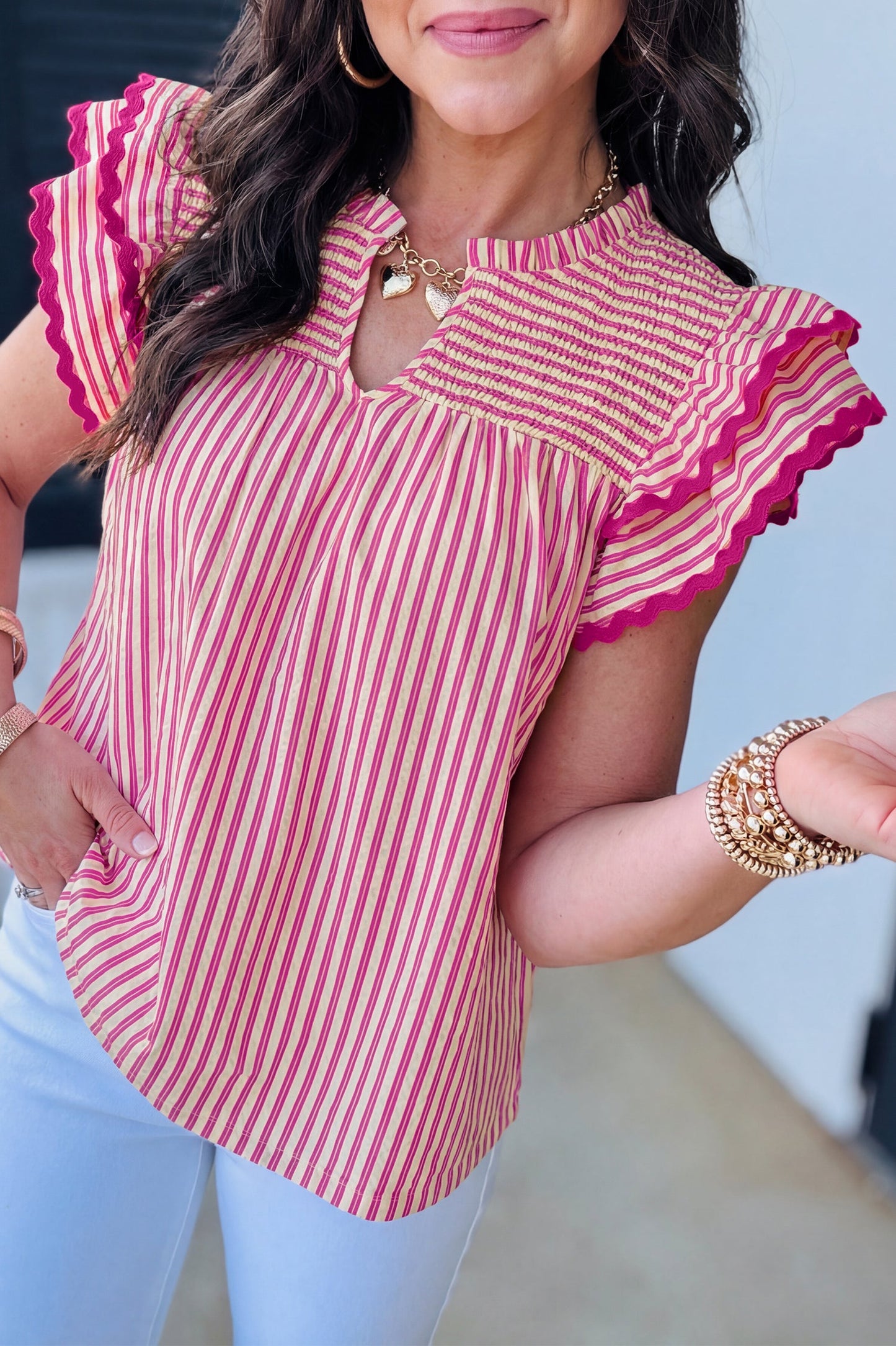 Rose Stripe Shirred Yoke Ruffled Short Sleeve Blouse
