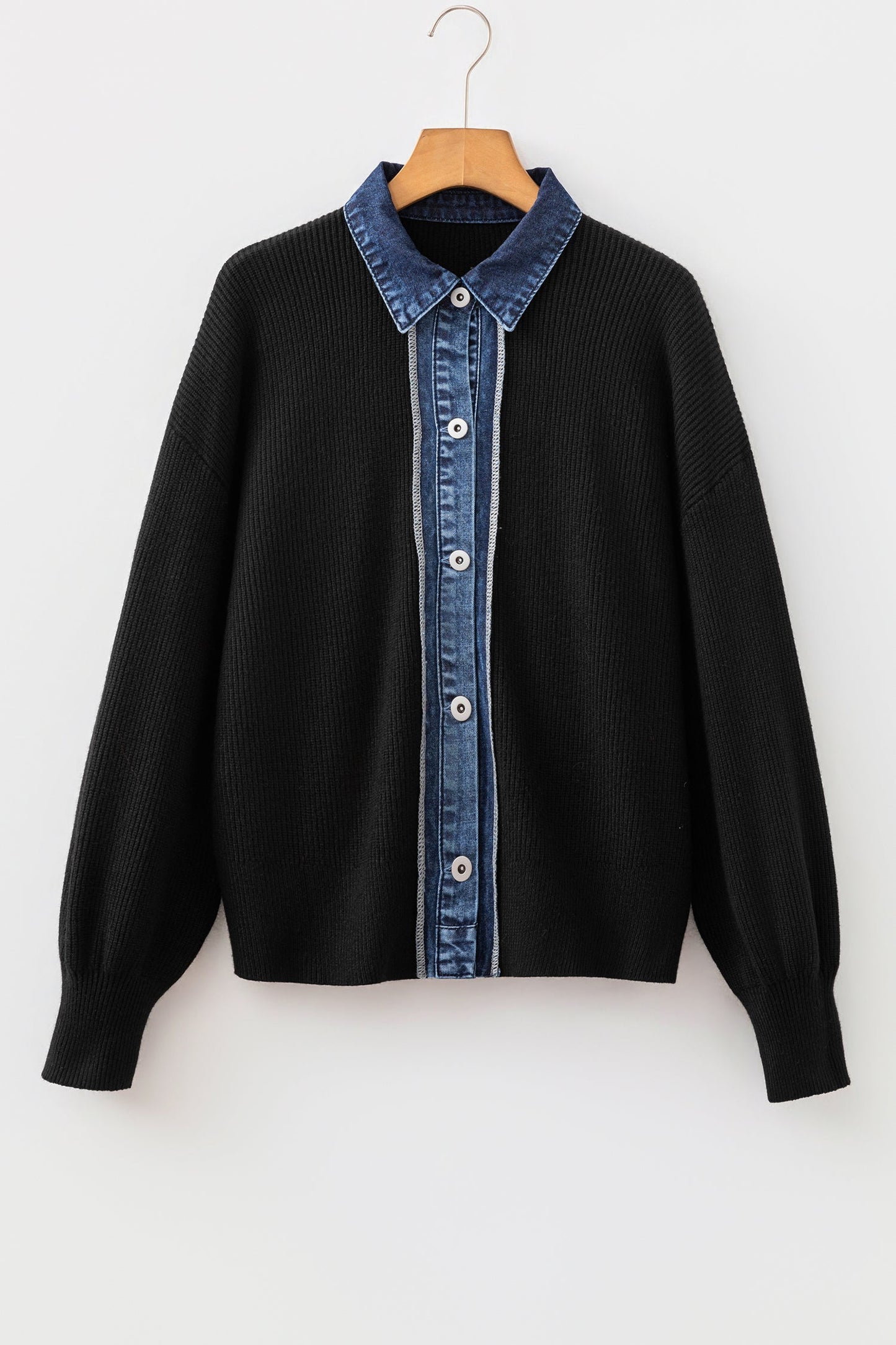 Denim Patchwork Collar Drop Shoulder Buttoned Cardigan