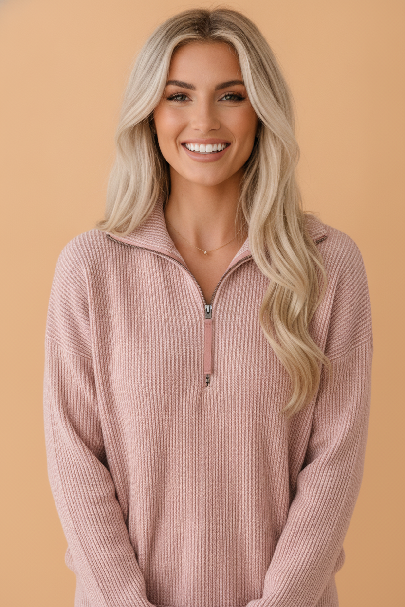 Solid Corded Knit Half Zip Collar Long Sleeve Top