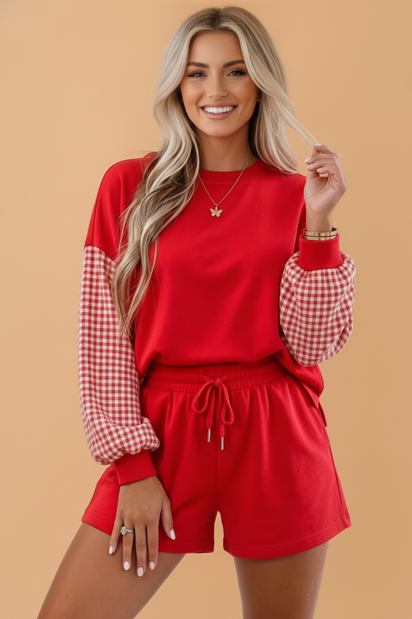 Gingham Patchwork Long Sleeve Top & Shorts Set