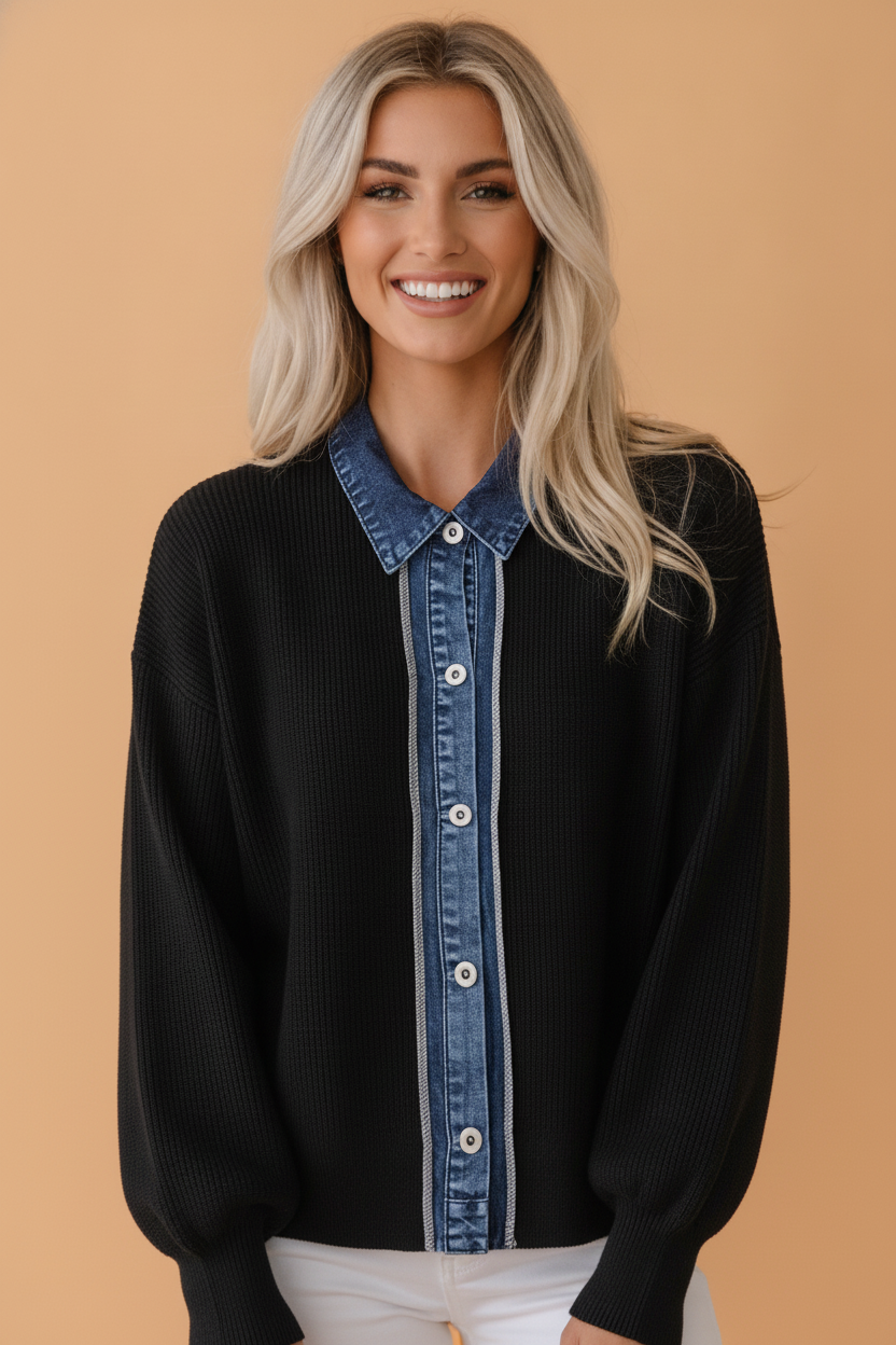 Denim Patchwork Collar Drop Shoulder Buttoned Cardigan