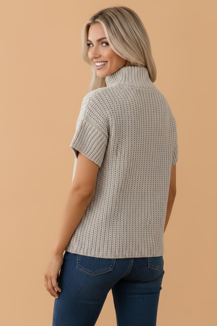 Solid Zip Up High Neck Short Sleeve Knit Top