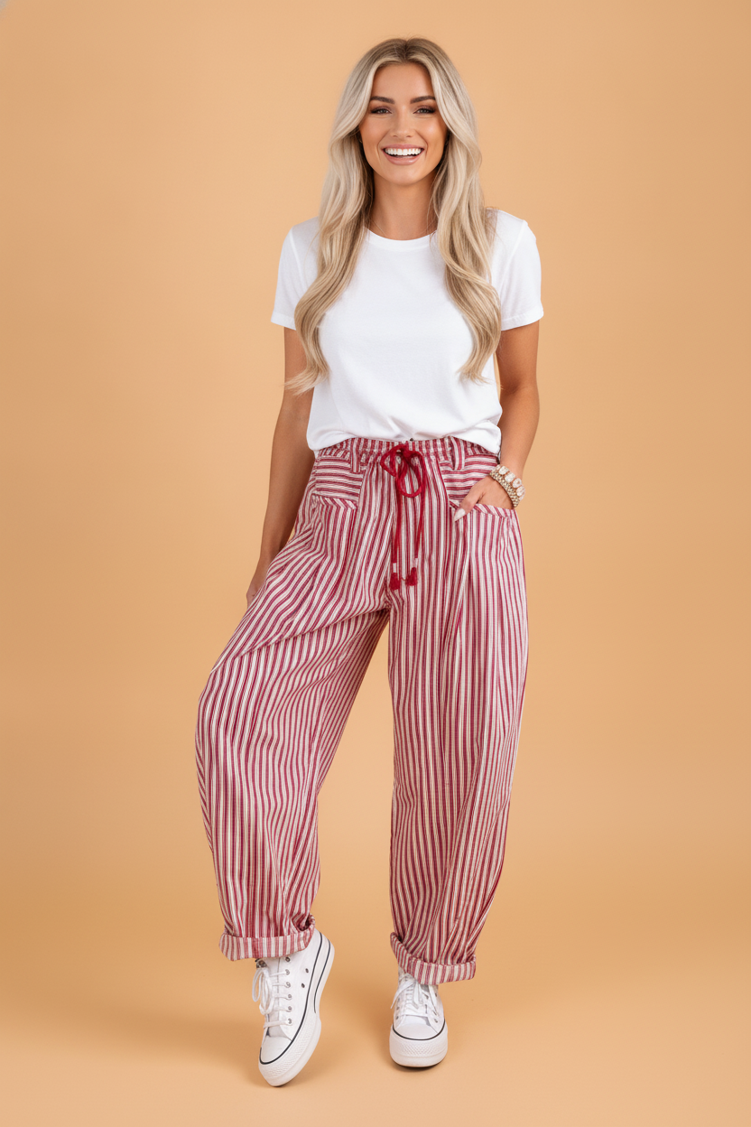 Stripe Drawstring High Waist Loose Pants
