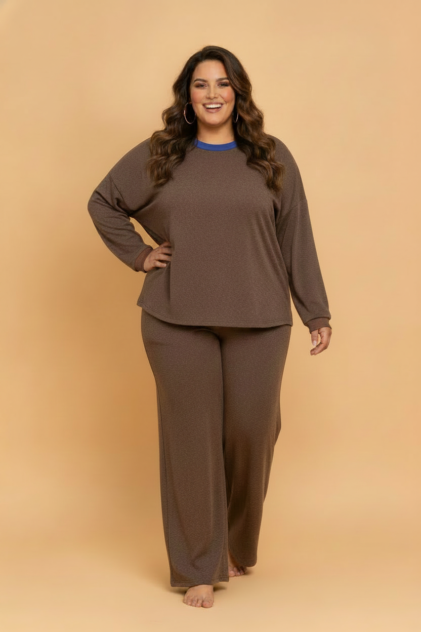 Plus Size Colorblock Trim Long Sleeve Top & Pant Set