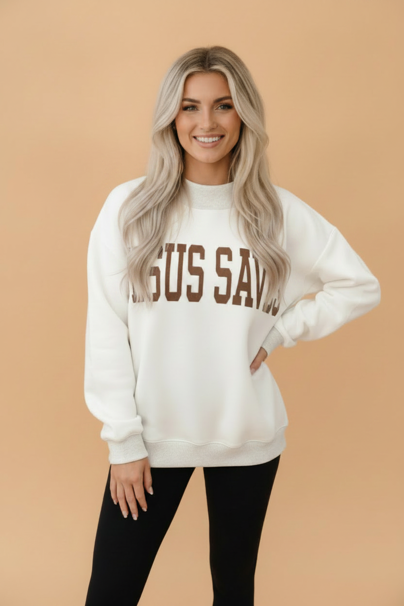 JESUS SAVES Reversible Mock Neck Graphic Print Sweatshirt