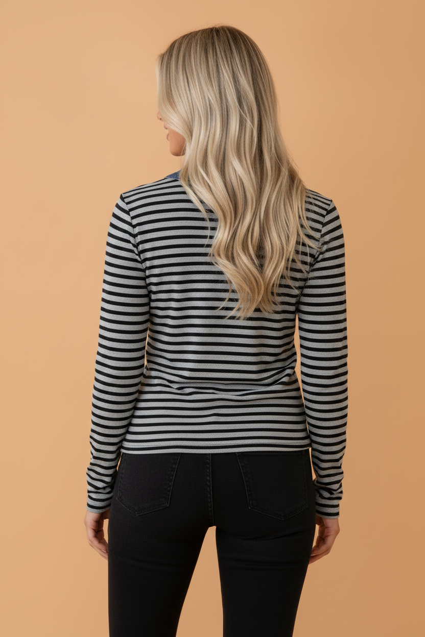 Stripe Denim Contrast Long Sleeve Henley Top