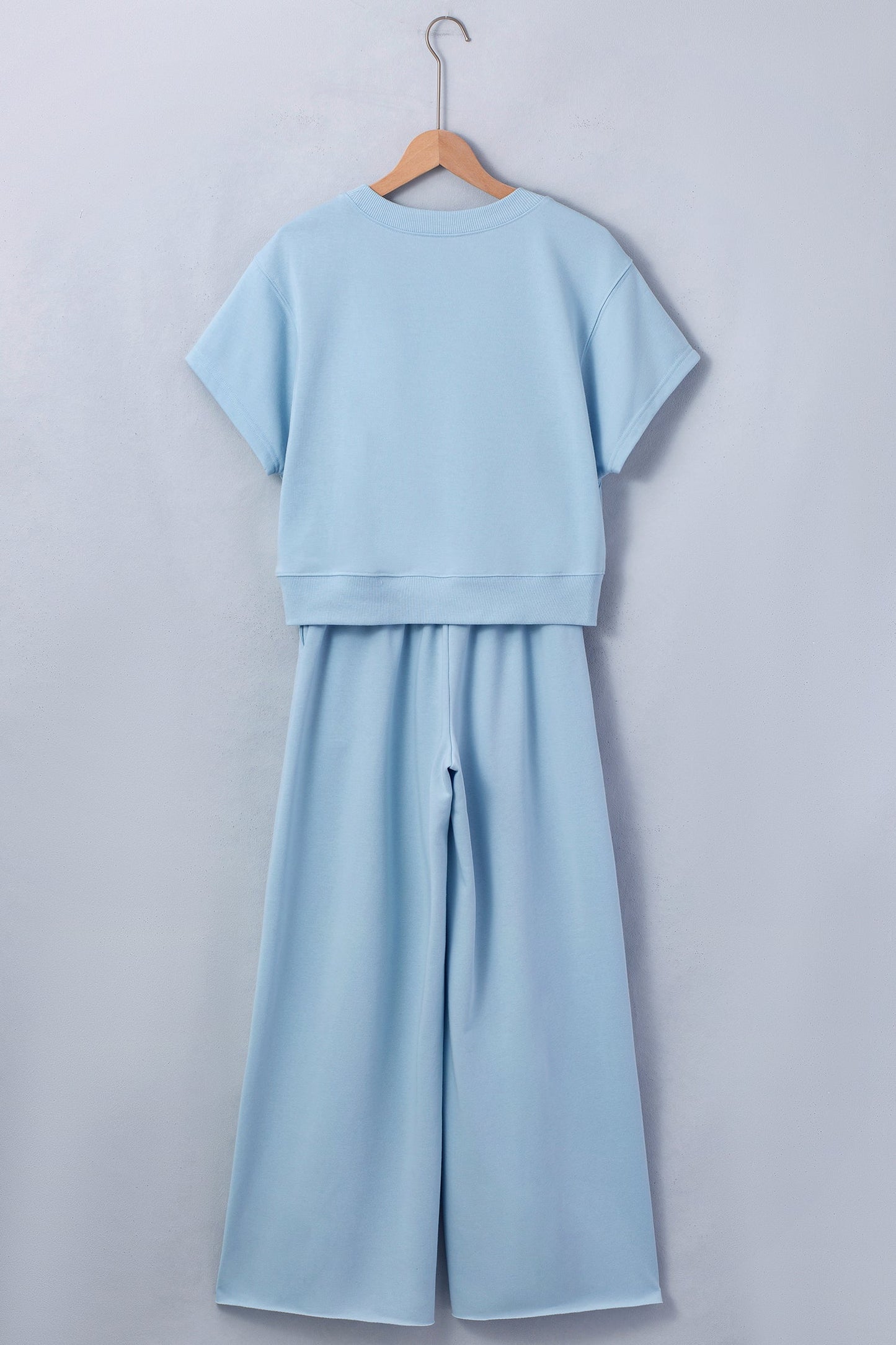 Clearly Aqua Solid Color Loose Tee Drawstring Wide Leg Pants 2pcs Outfit